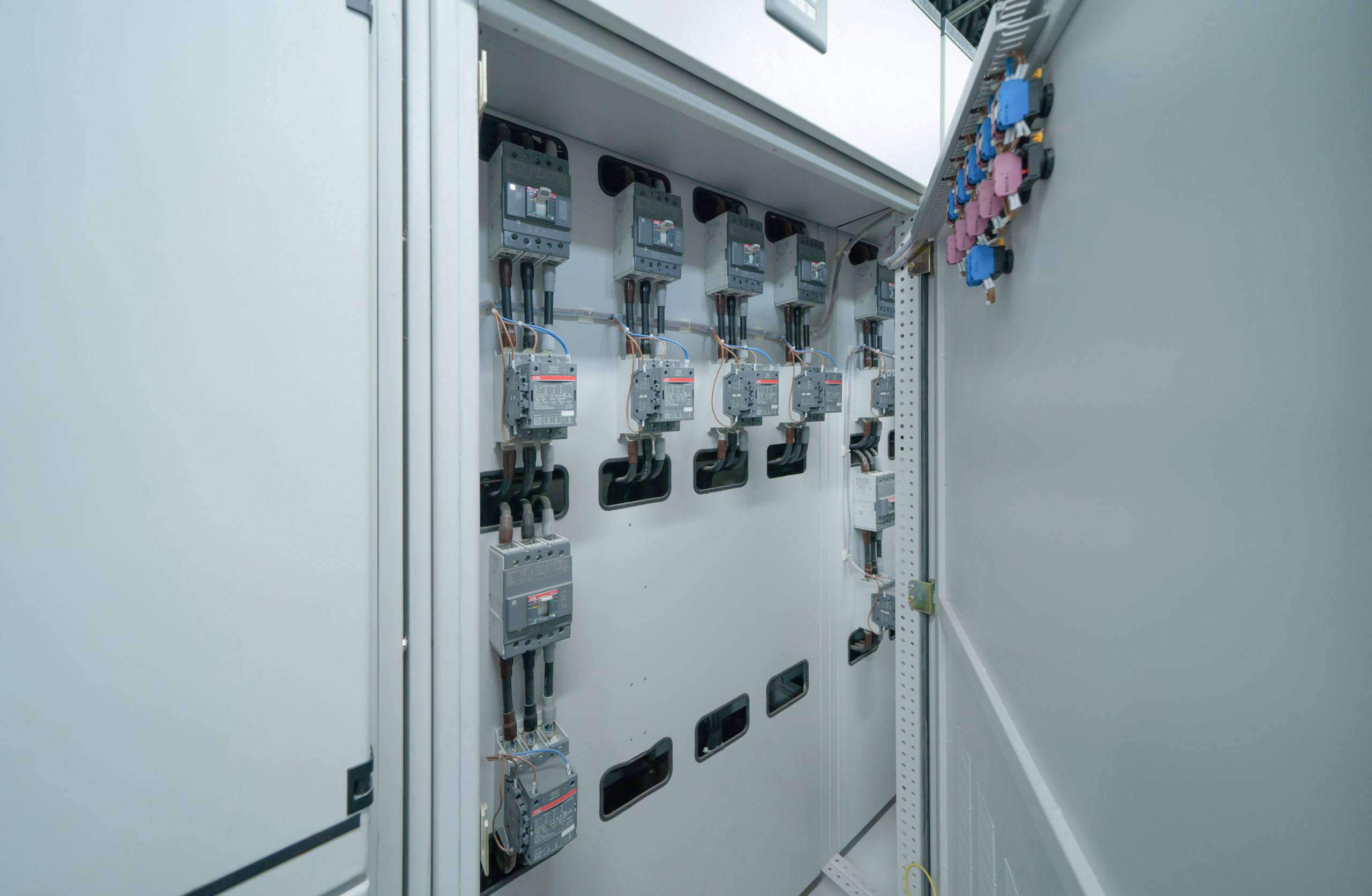 Close up of Industrial electric switch panel power plant in industry factory. Switchgear operation control station monitor manufacturing factory system. generator