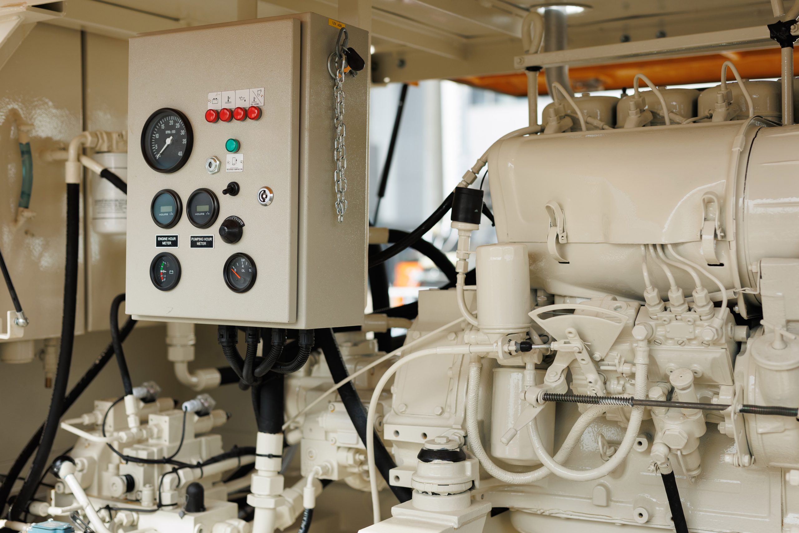 Modern agricultural machinery at the exhibition. Automated control panel